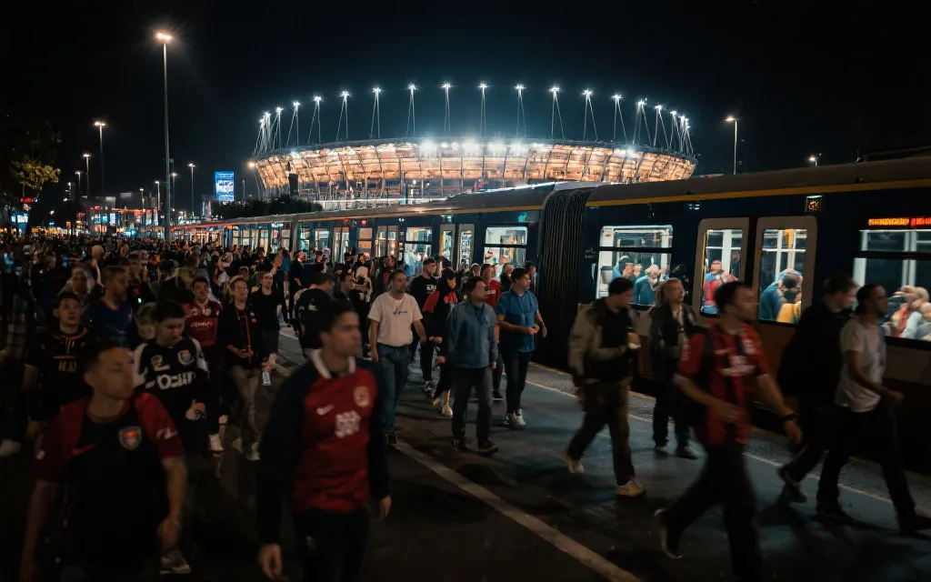 城市夜景与球迷步行人流、公共交通与体育场灯光的组合画面，体现赛事接待与城市活力